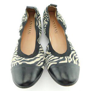 ANYI LU Black Leather Cap Toe Zebra Print Suede Leather Slip On Ballet Flats 41